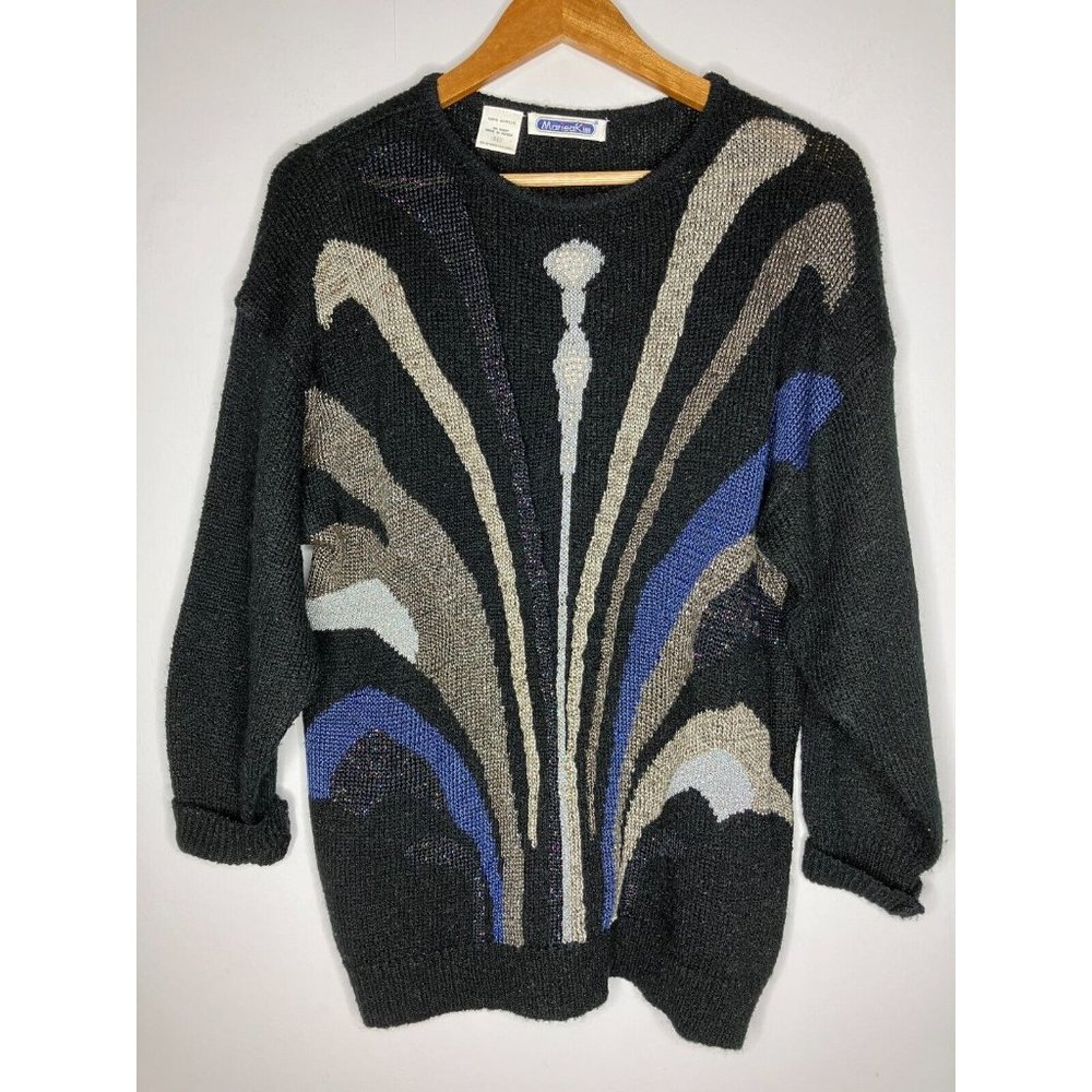 Vintage 80's Mariea Kim Sweater Women's Medium Black Silver New Years